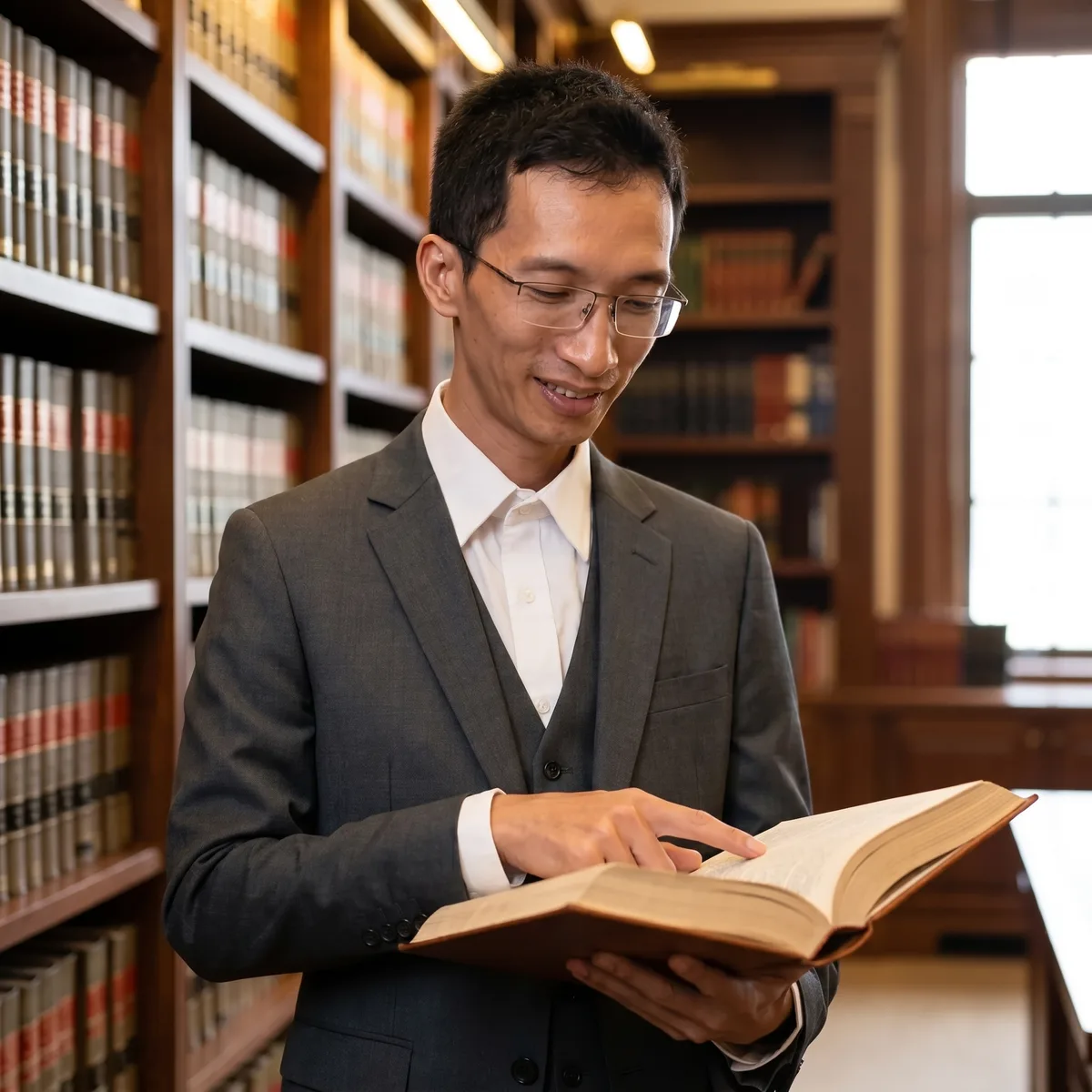 Mr Hiển at the law library bookshelf