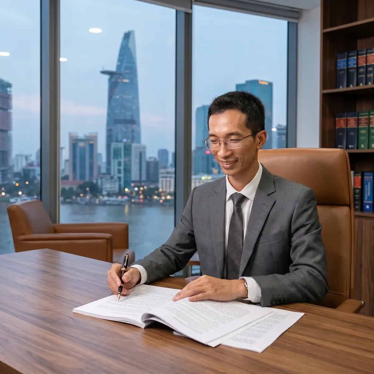 Mr Hiển reviewing legal documents at his desk