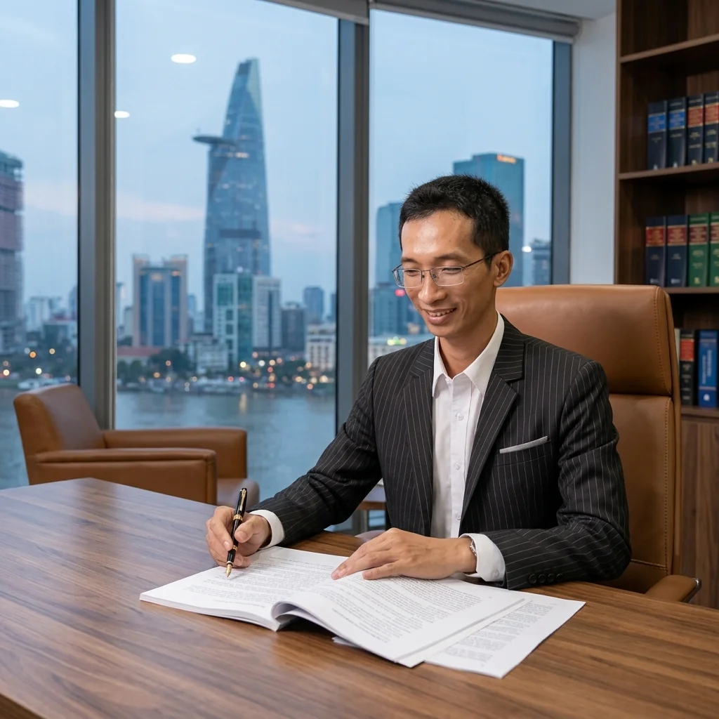 Mr Hiển reviewing legal documents at his desk