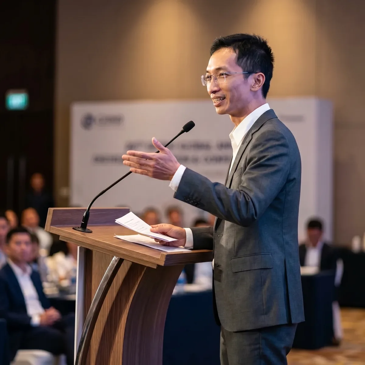 Mr Hiển at the lectern during a conference