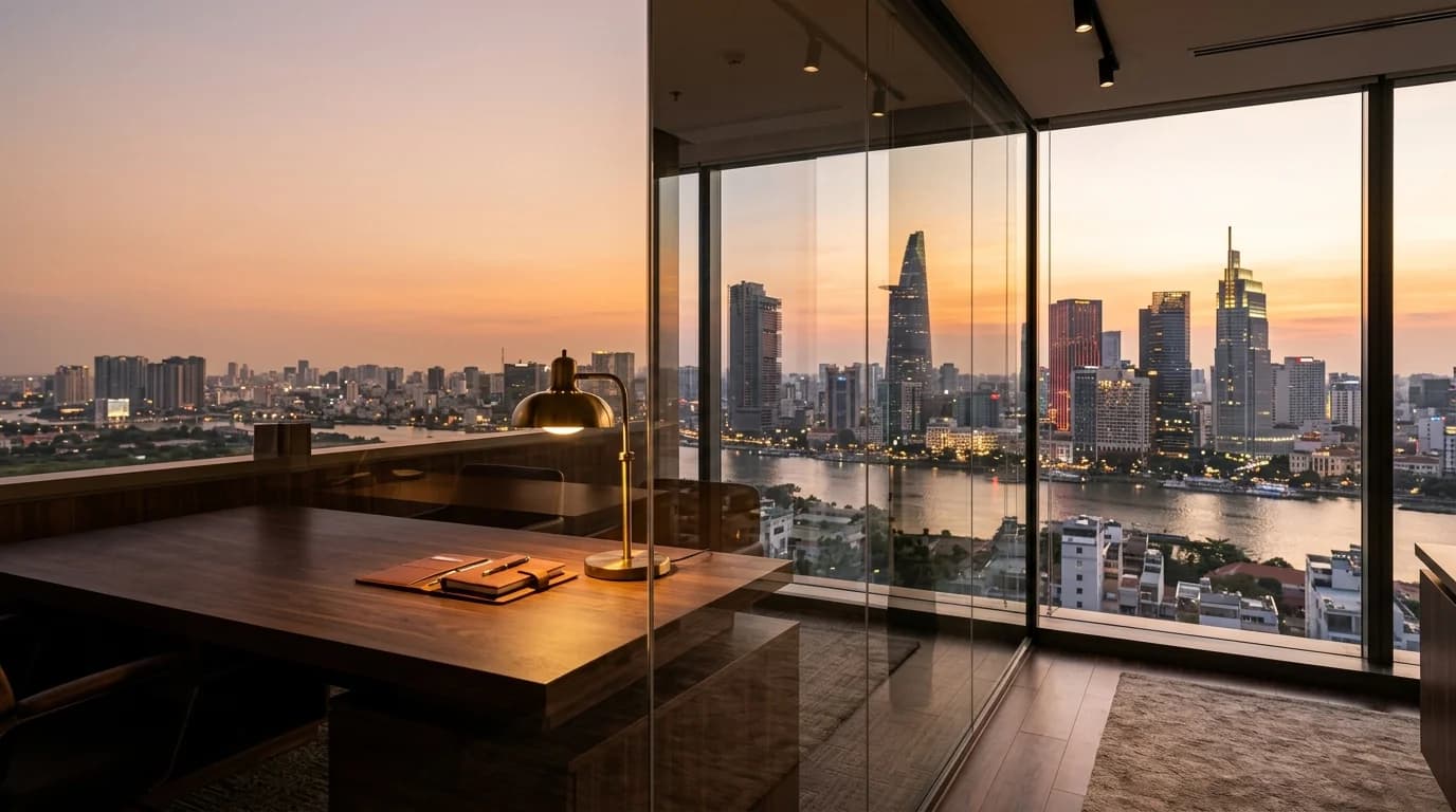 Modern law office overlooking Ho Chi Minh City skyline at golden hour