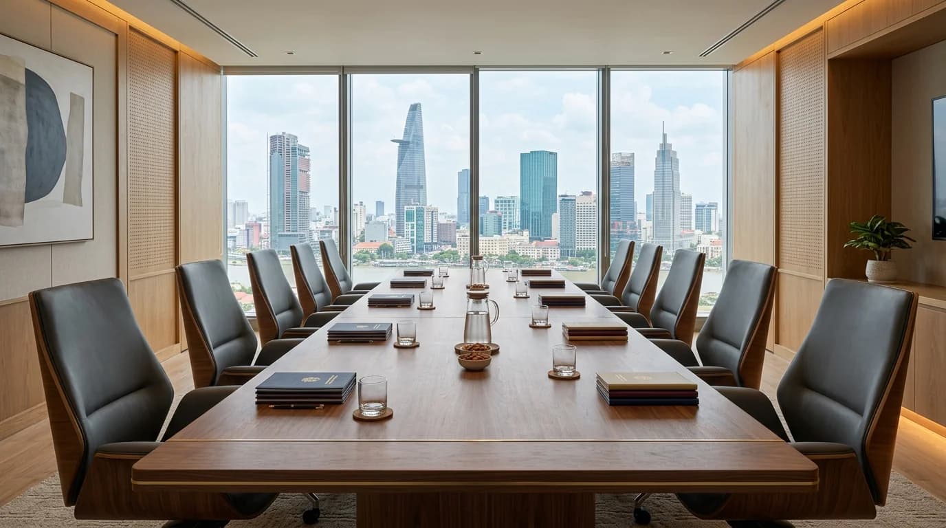 Modern international law firm conference room overlooking HCMC
